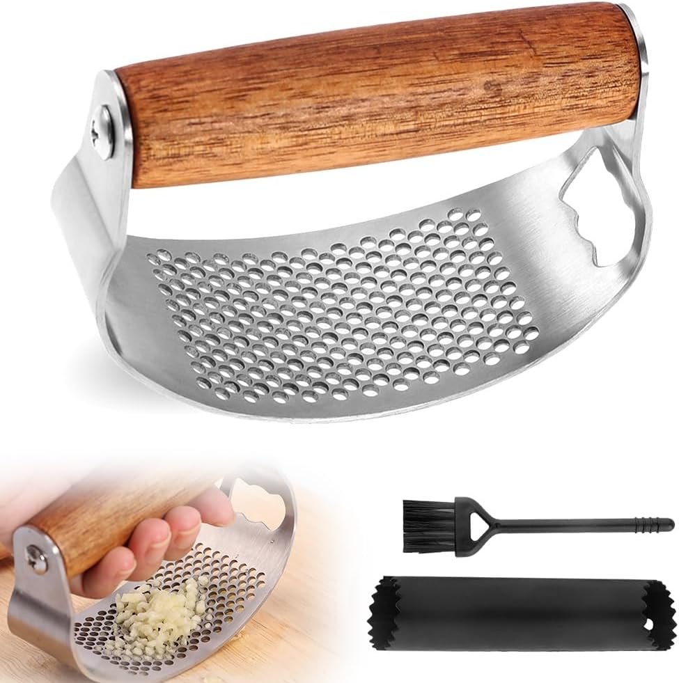 Stainless Steel Garlic Presser, Upgraded Garlic Press Rocker with Peeler and Cleaning Brush, Ergonomic Handle for Cooking Enthusiasts (1 pcs) - Image 1