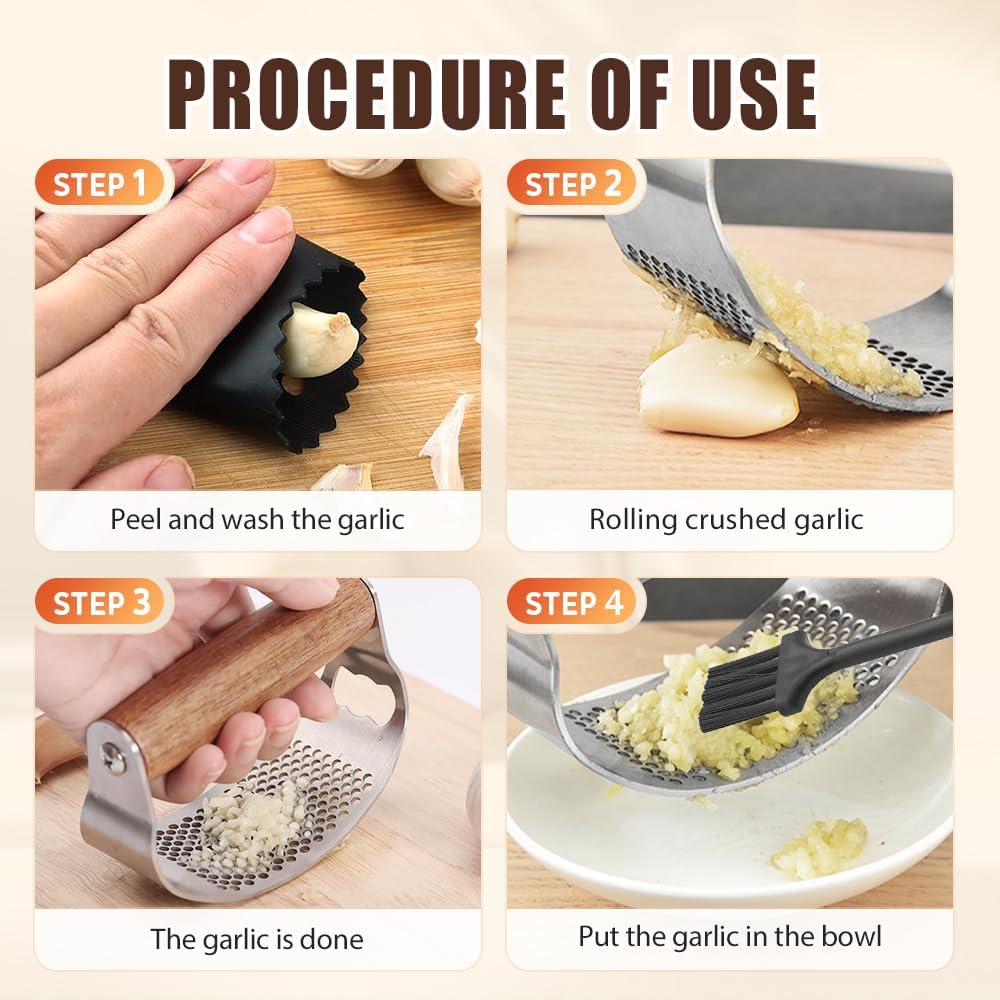 Stainless Steel Garlic Presser, Upgraded Garlic Press Rocker with Peeler and Cleaning Brush, Ergonomic Handle for Cooking Enthusiasts (1 pcs) - Image 3