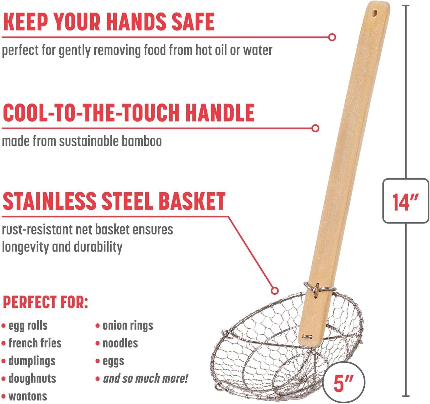 Kitchen Spider Strainer Stainless Steel 5-Inch Wire Basket with Heat-Resistant Bamboo Handle - Image 2