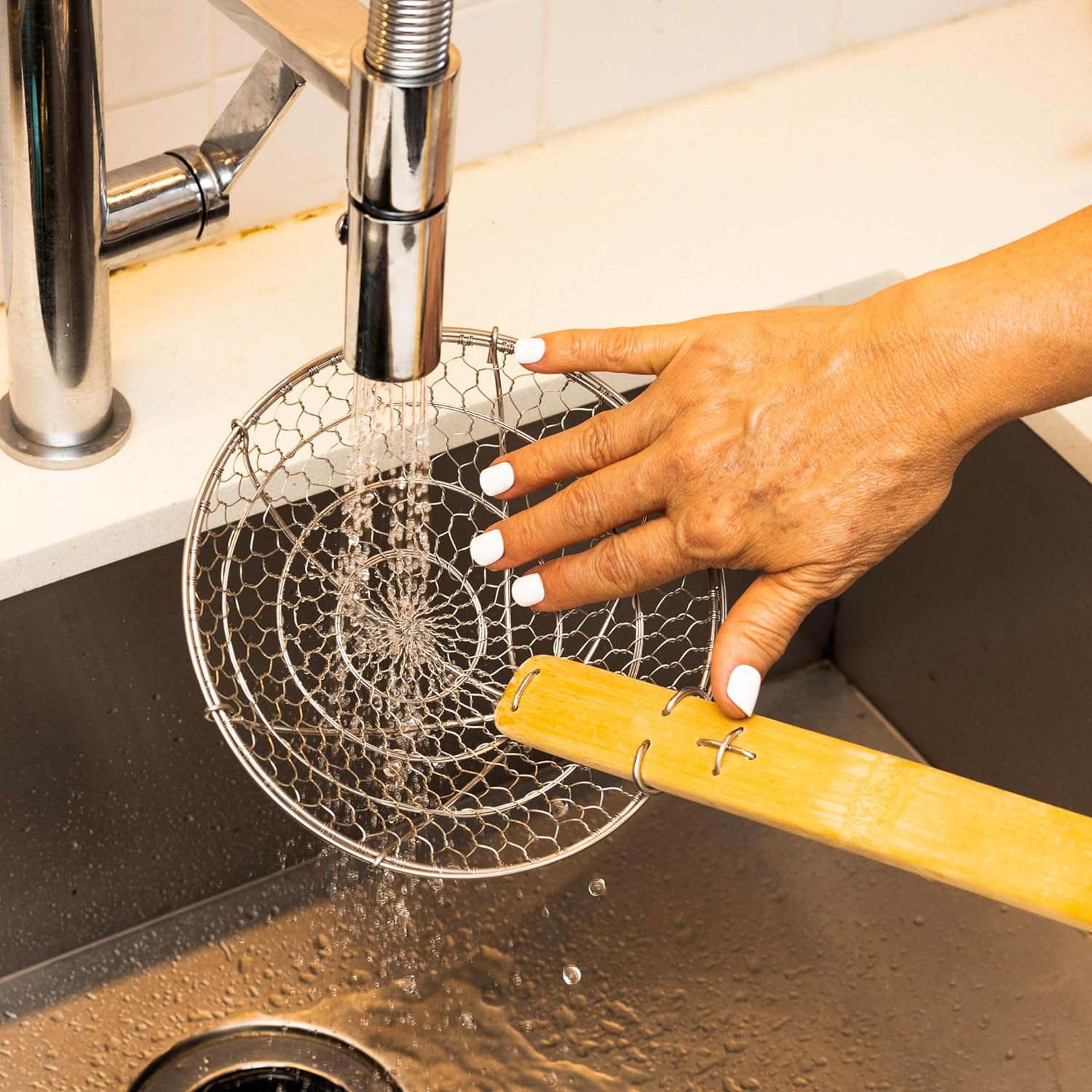 Kitchen Spider Strainer Stainless Steel 5-Inch Wire Basket with Heat-Resistant Bamboo Handle - Image 6