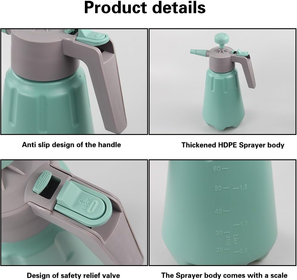 Garden Pump Sprayer, 68 oz/0.5 Gallon Hand Held Pressure Sprayer with Safety Valve ＆ Adjtable Nozzle, Large Capacity Bottle Water Weed Flower Plant Lawn Home Washing Spray 2L (Turquoise) - Image 5