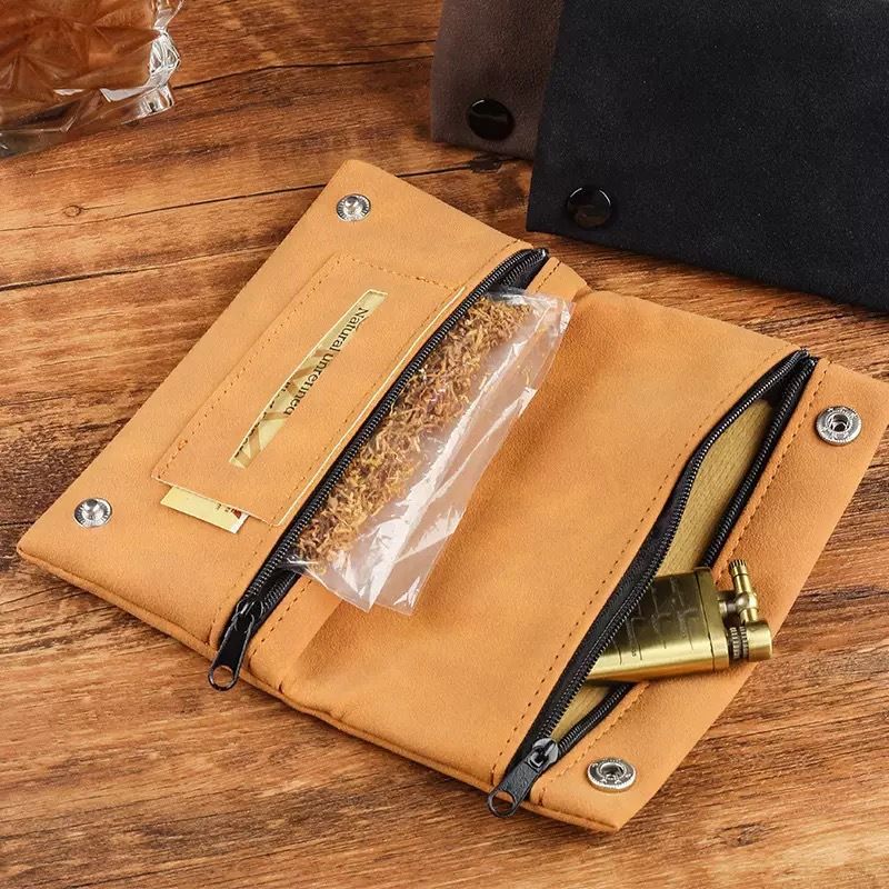 Luxury Brown Matte Flocked PU Leather Tobacco Pipe Pouch, Foldable Portable 3 Compartments Smoking Accessories Storage Bag, 44g Lightweight Travel Organizer for Men - Image 3