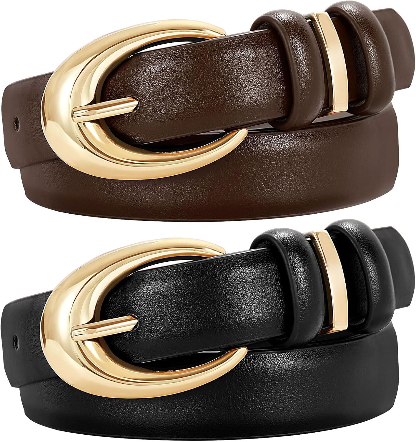 2 Pack Women Leather Belt for Jeans Pants Fashion Ladies Skinny Faux Leather Belt with Gold Buckle - Image 1
