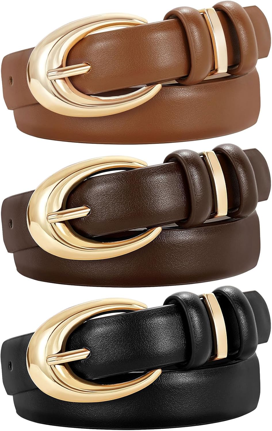 3 Pack Women Leather Belt for Jeans Pants Fashion Ladies Faux Leather Belt with Gold Buckle - Image 1