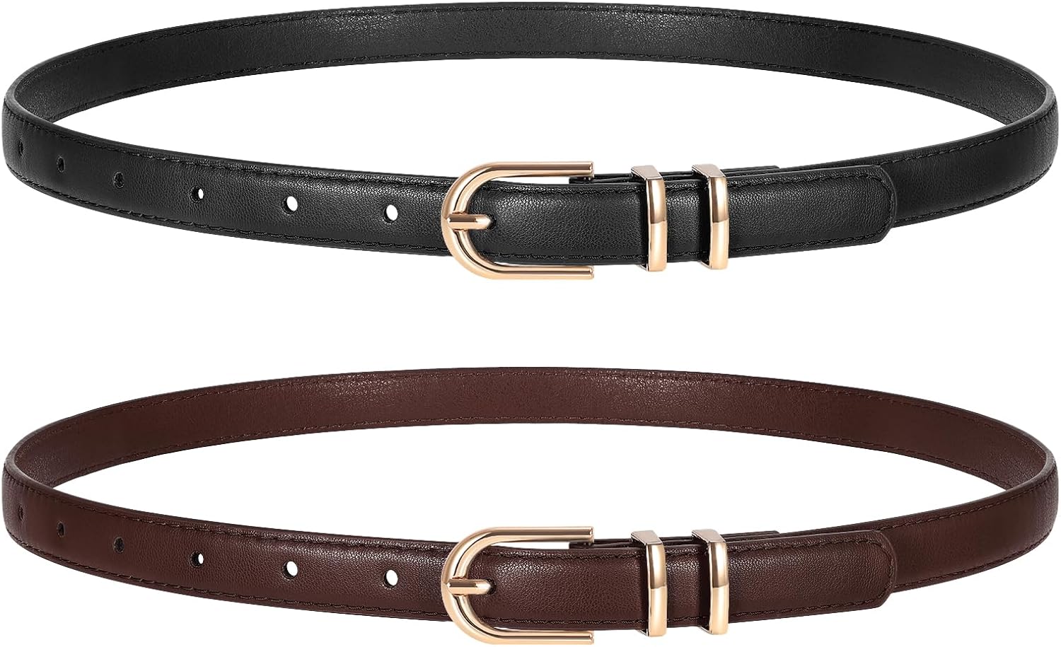 2 Pack Women Skinny Leather Belts for Jeans Pants Thin Faux Leather Belt with Gold Buckle - Image 1