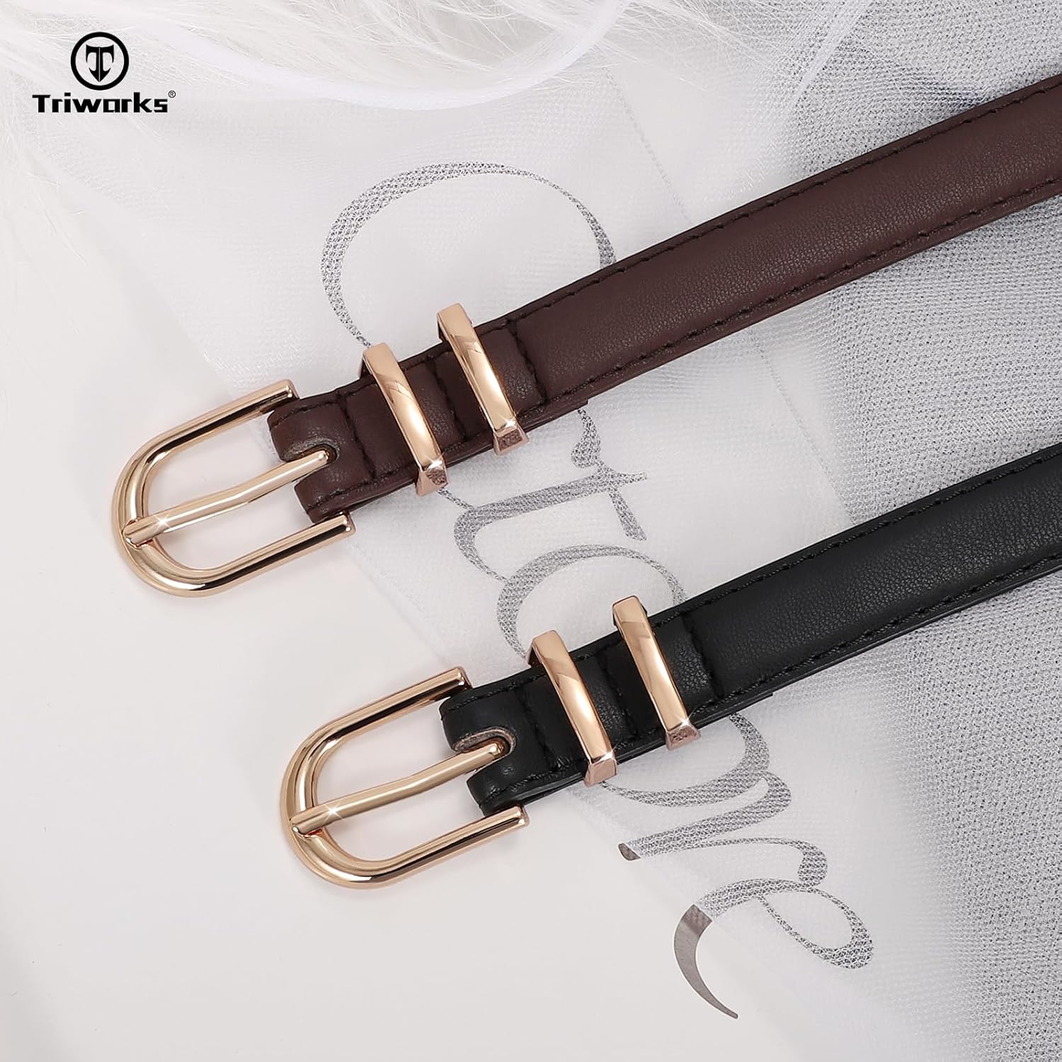 2 Pack Women Skinny Leather Belts for Jeans Pants Thin Faux Leather Belt with Gold Buckle - Image 2