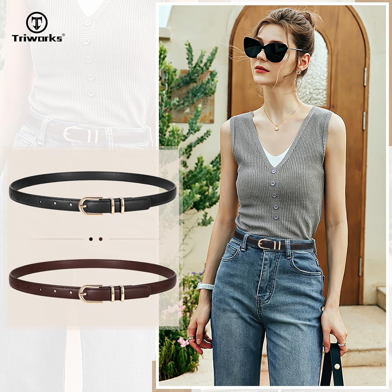 2 Pack Women Skinny Leather Belts for Jeans Pants Thin Faux Leather Belt with Gold Buckle - Image 3