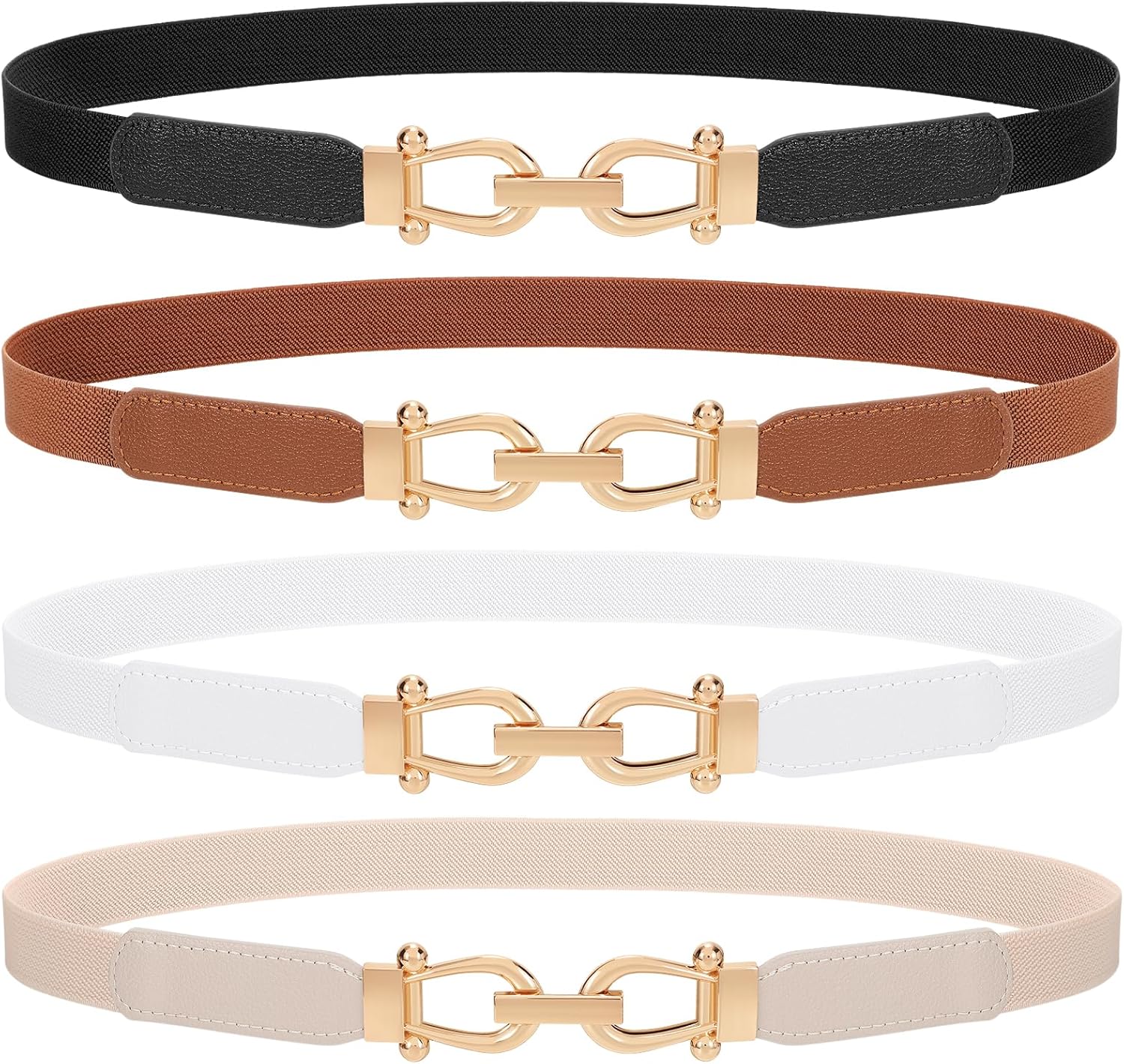 4 Pack Women Skinny Elastic Belts Gold Buckle Thin Stretchy Waist Belts for Dresses - Image 1