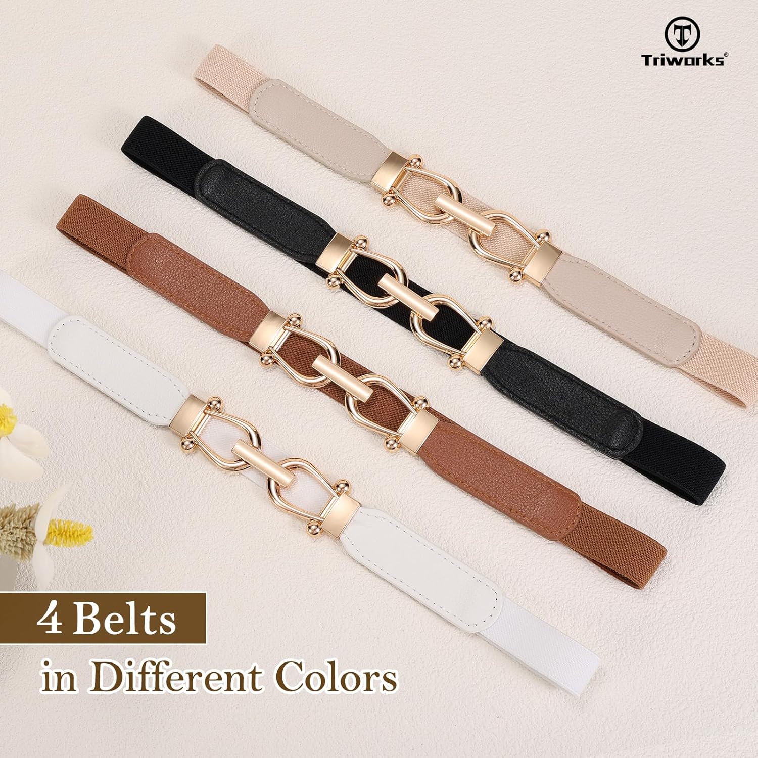 4 Pack Women Skinny Elastic Belts Gold Buckle Thin Stretchy Waist Belts for Dresses - Image 4