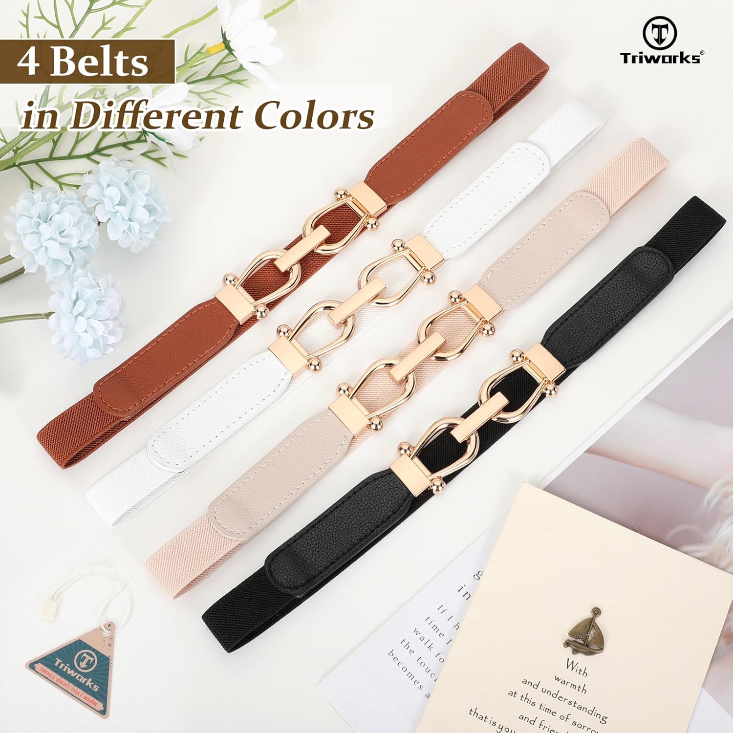4 Pack Women Skinny Elastic Belts Gold Buckle Thin Stretchy Waist Belts for Dresses - Image 7