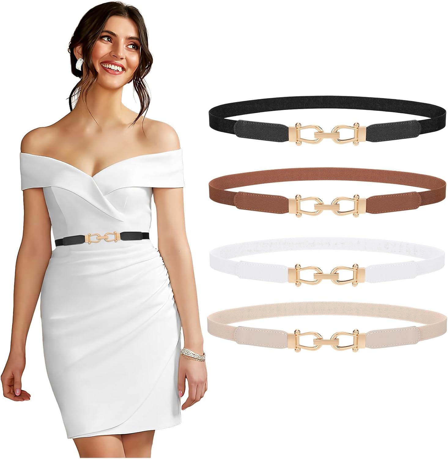 4 Pack Women Skinny Elastic Belts Gold Buckle Thin Stretchy Waist Belts for Dresses - Image 8