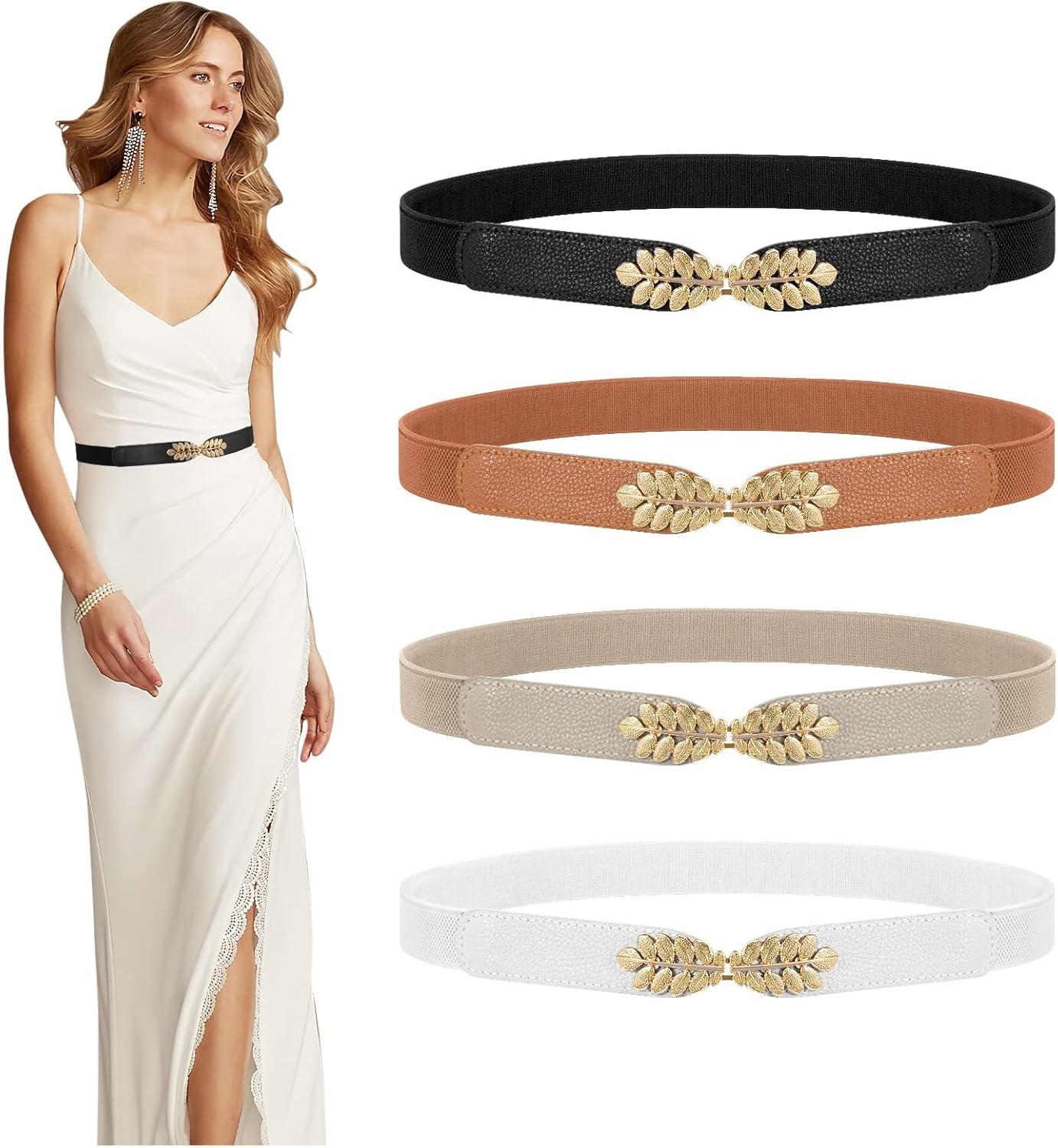 4 Pack Women Skinny Elastic Belt Ladies Fashion Leaf Alloy Buckle Stretchy Thin Waist Belt for Dresses - Image 1