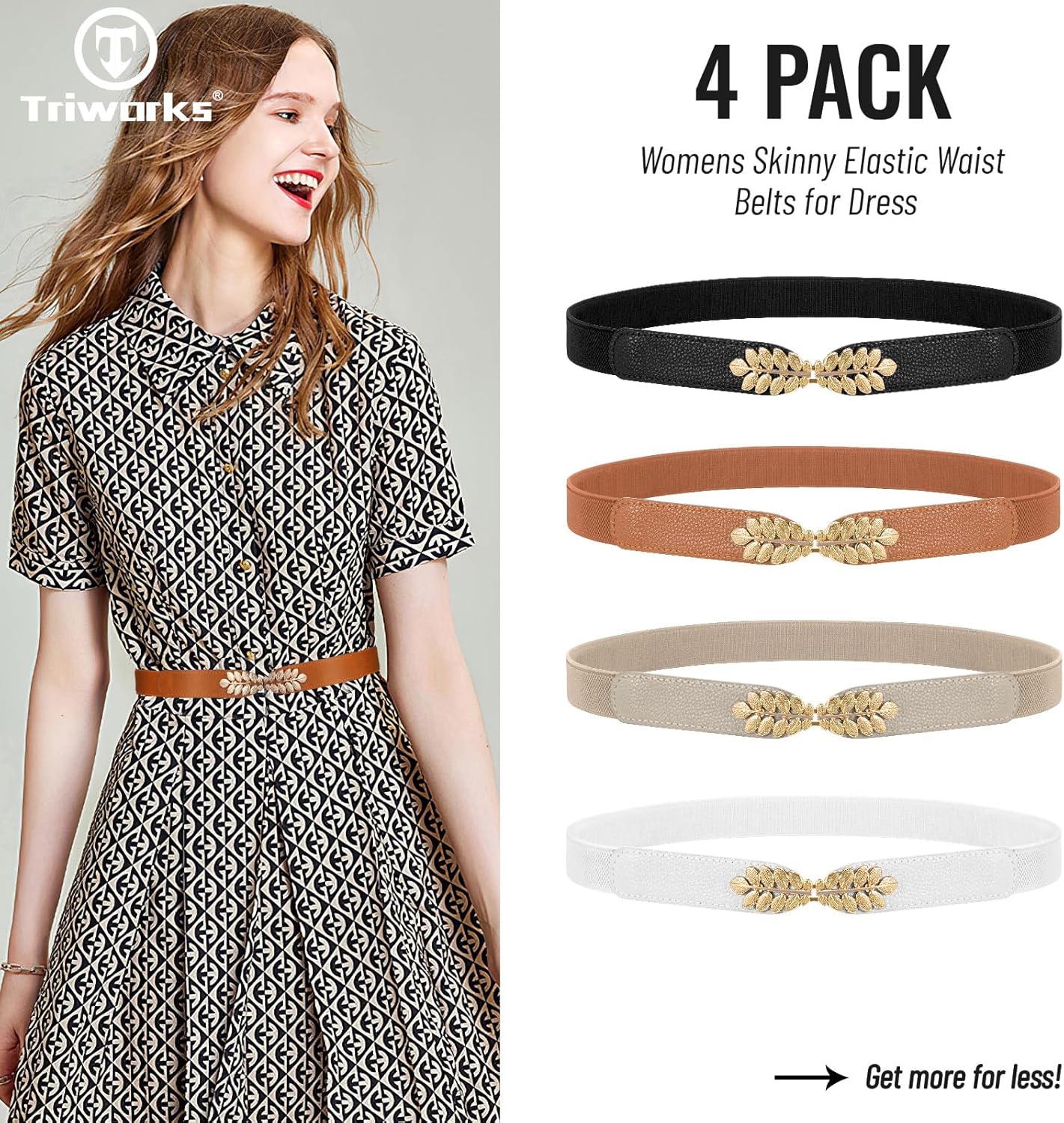 4 Pack Women Skinny Elastic Belt Ladies Fashion Leaf Alloy Buckle Stretchy Thin Waist Belt for Dresses - Image 2