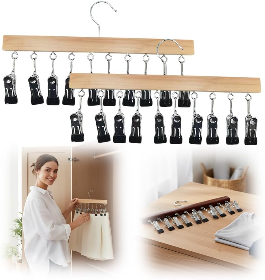 2 Pack Legging Hanger for Closet, with 10 Non Slip Clips Each, Wooden Clothes Hanger for Home Use, Space Saving Hanger for Family (Wood) - Image 1