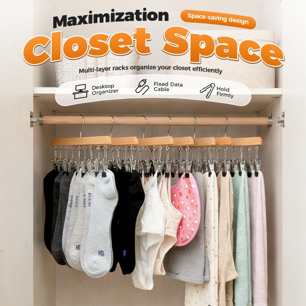 2 Pack Legging Hanger for Closet, with 10 Non Slip Clips Each, Wooden Clothes Hanger for Home Use, Space Saving Hanger for Family (Wood) - Image 2