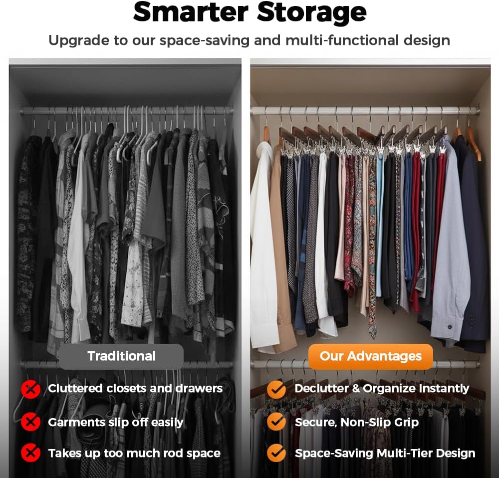 2 Pack Legging Hanger for Closet, with 10 Non Slip Clips Each, Wooden Clothes Hanger for Home Use, Space Saving Hanger for Family (Wood) - Image 3