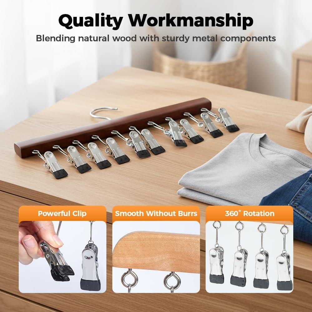 2 Pack Legging Hanger for Closet, with 10 Non Slip Clips Each, Wooden Clothes Hanger for Home Use, Space Saving Hanger for Family (Wood) - Image 4