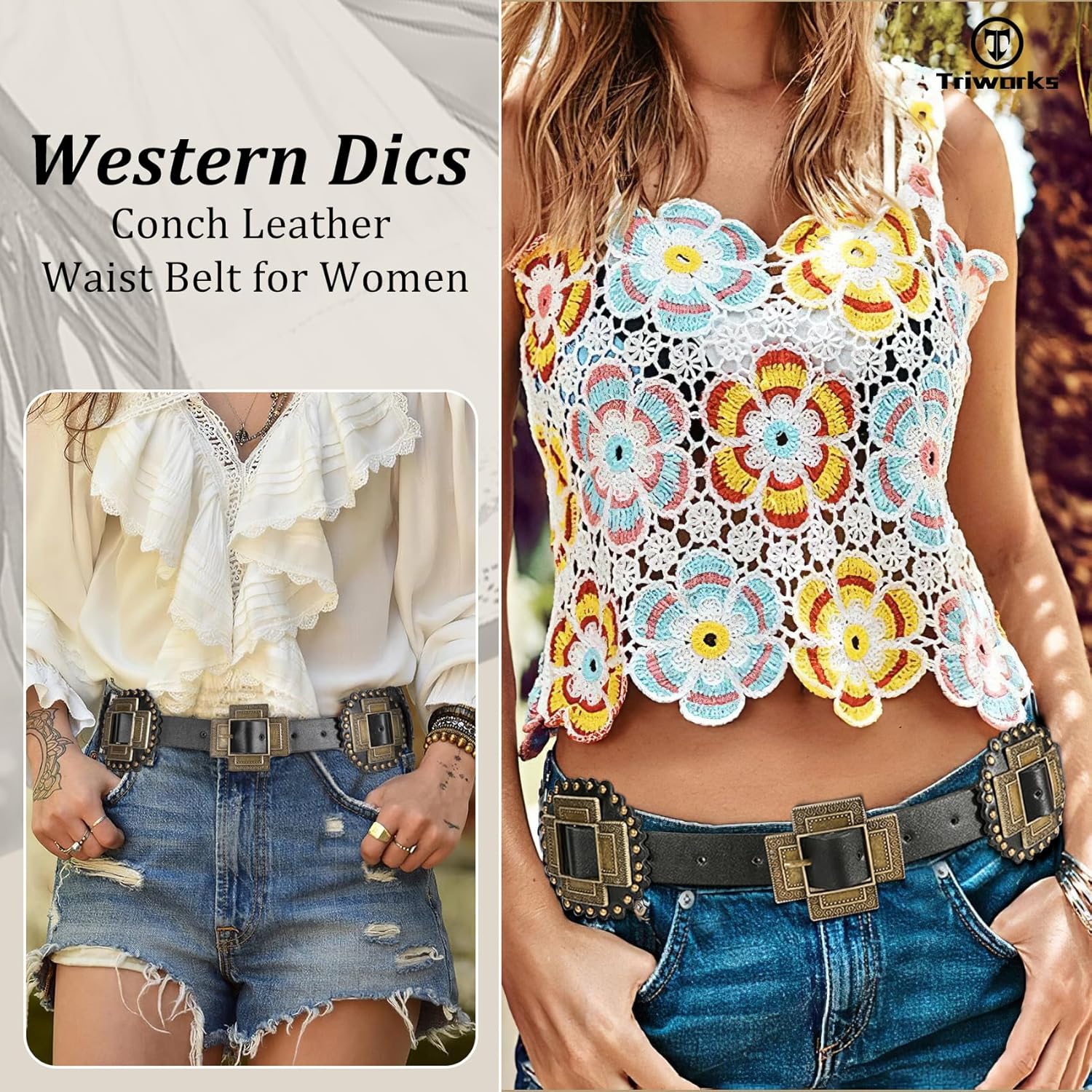 Women Western Concho Leather Belt Cowgirl Boho Belt Chunky for Dresses Concert Festival - Image 2
