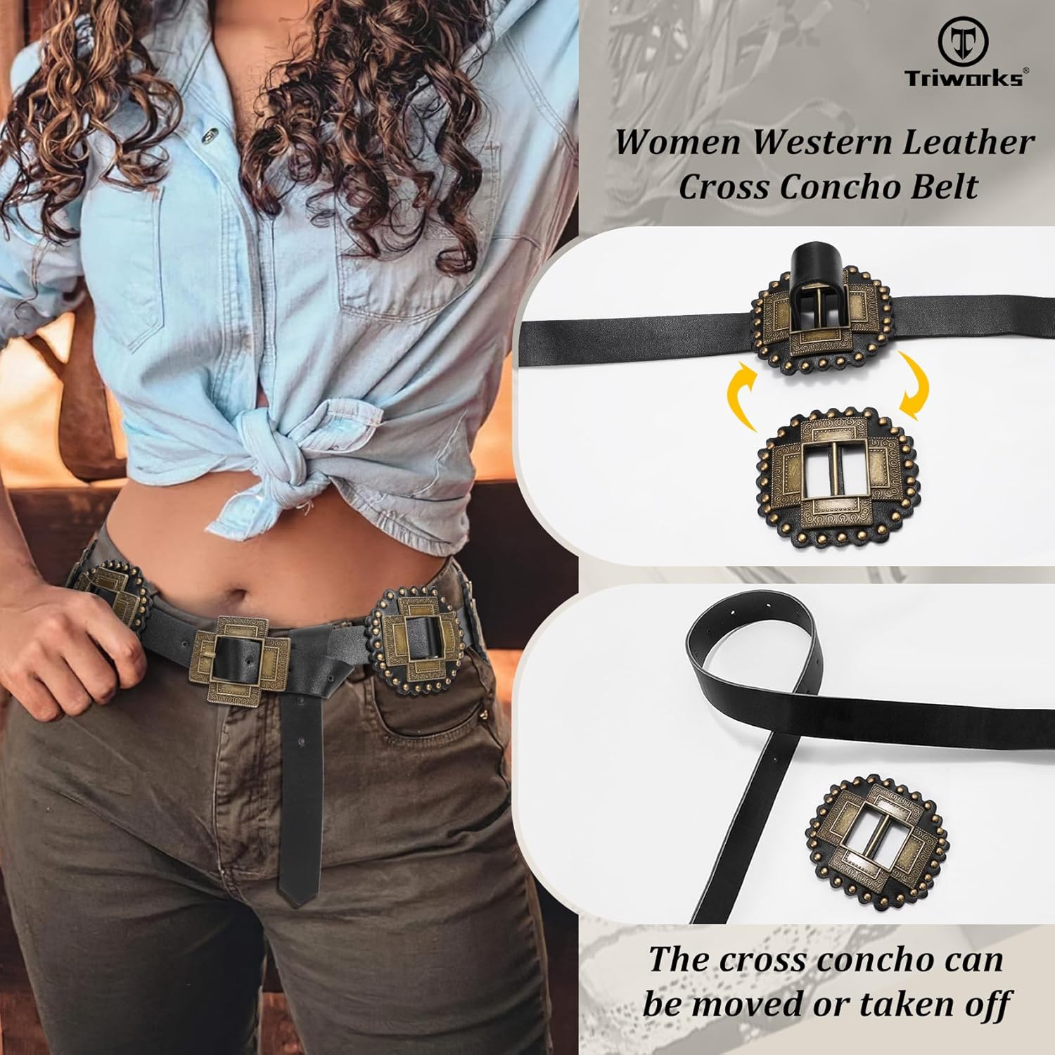 Women Western Concho Leather Belt Cowgirl Boho Belt Chunky for Dresses Concert Festival - Image 3