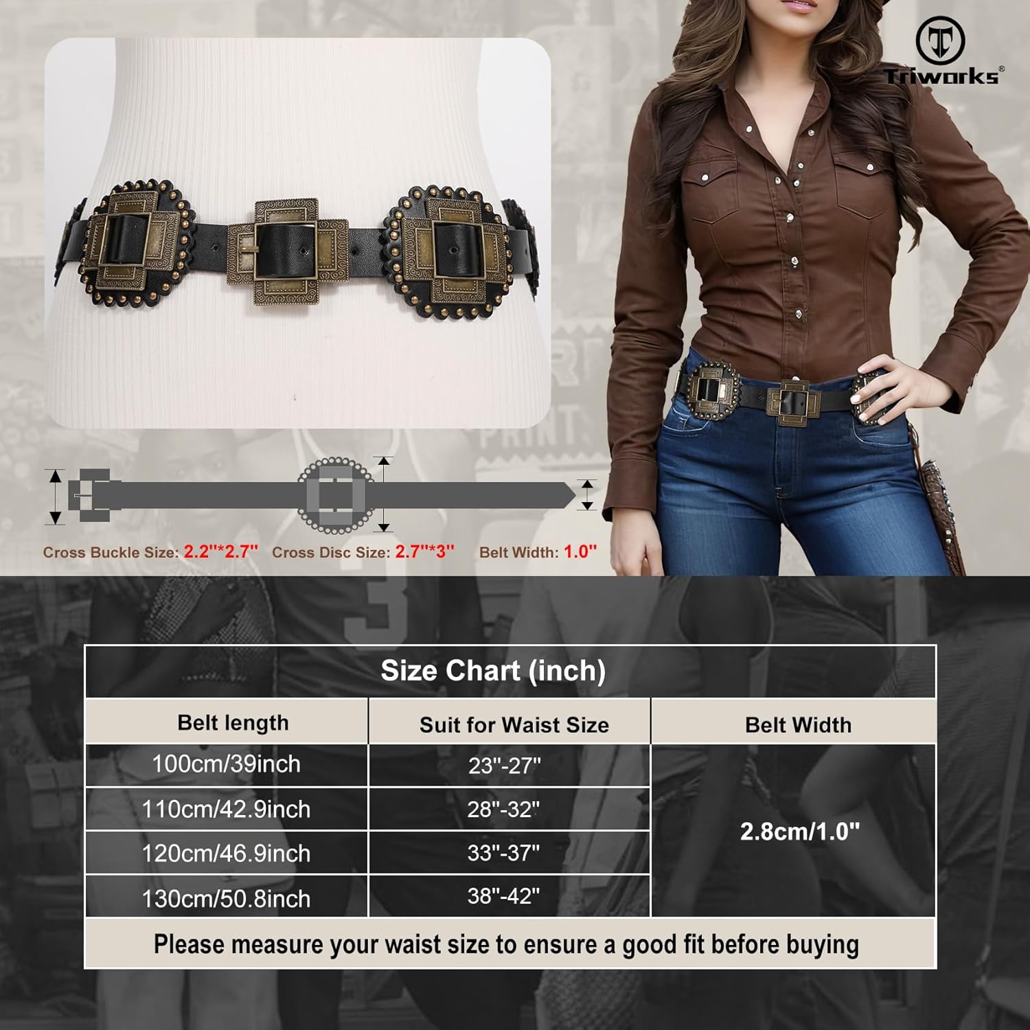 Women Western Concho Leather Belt Cowgirl Boho Belt Chunky for Dresses Concert Festival - Image 6