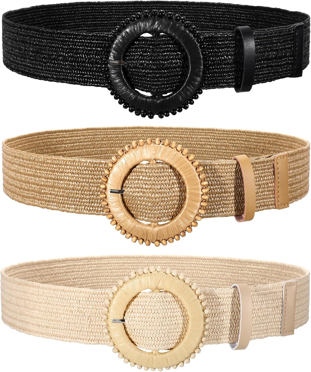 3 Pack Straw Woven Stretch Belt for Women,Raffia Elastic Belt for Dress Wide Boho Waist Belt with Round Buckle - Image 1