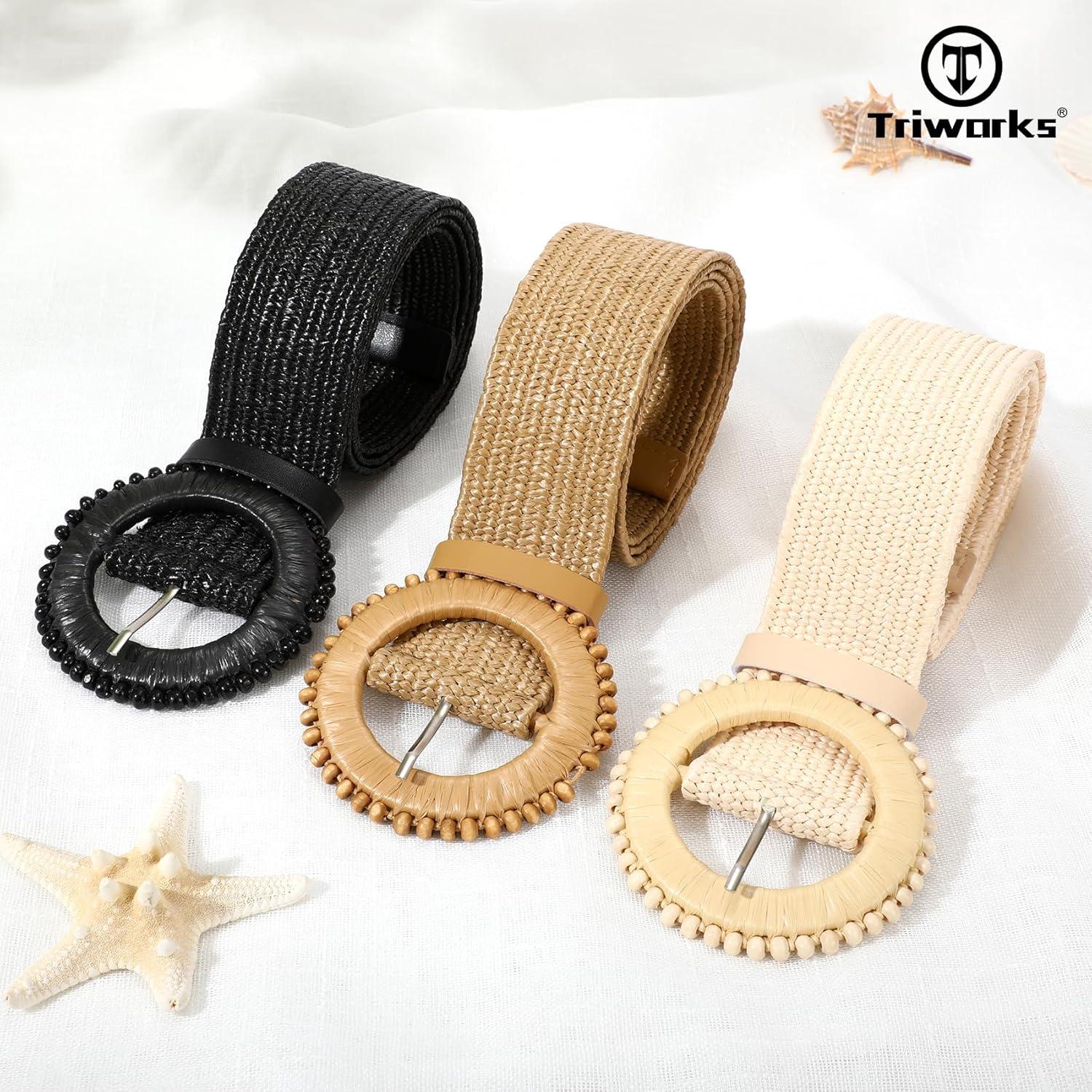 3 Pack Straw Woven Stretch Belt for Women,Raffia Elastic Belt for Dress Wide Boho Waist Belt with Round Buckle - Image 3