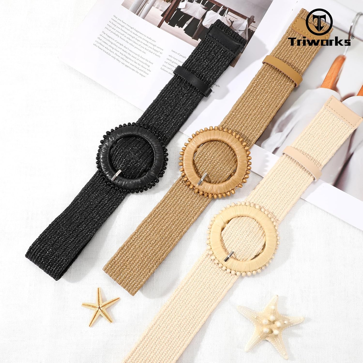 3 Pack Straw Woven Stretch Belt for Women,Raffia Elastic Belt for Dress Wide Boho Waist Belt with Round Buckle - Image 5