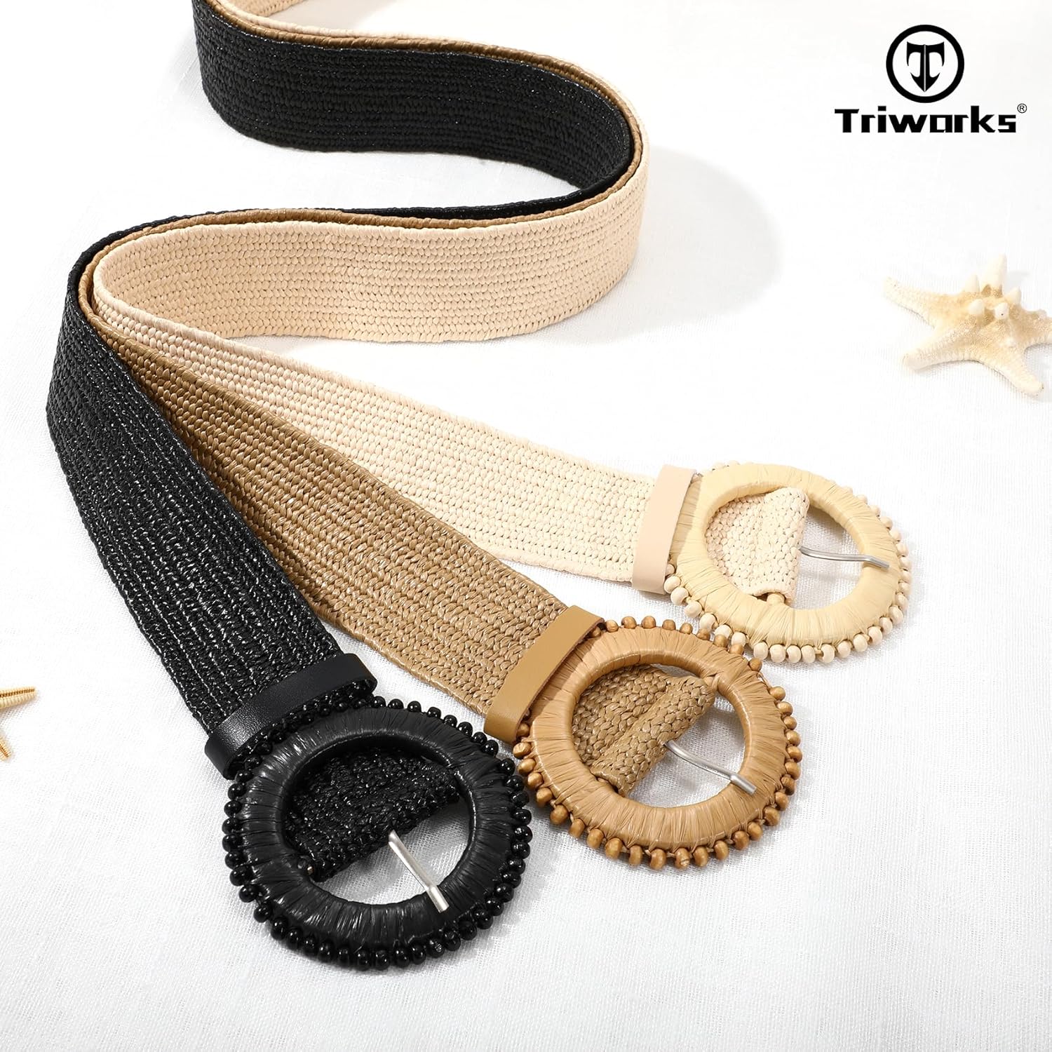 3 Pack Straw Woven Stretch Belt for Women,Raffia Elastic Belt for Dress Wide Boho Waist Belt with Round Buckle - Image 7