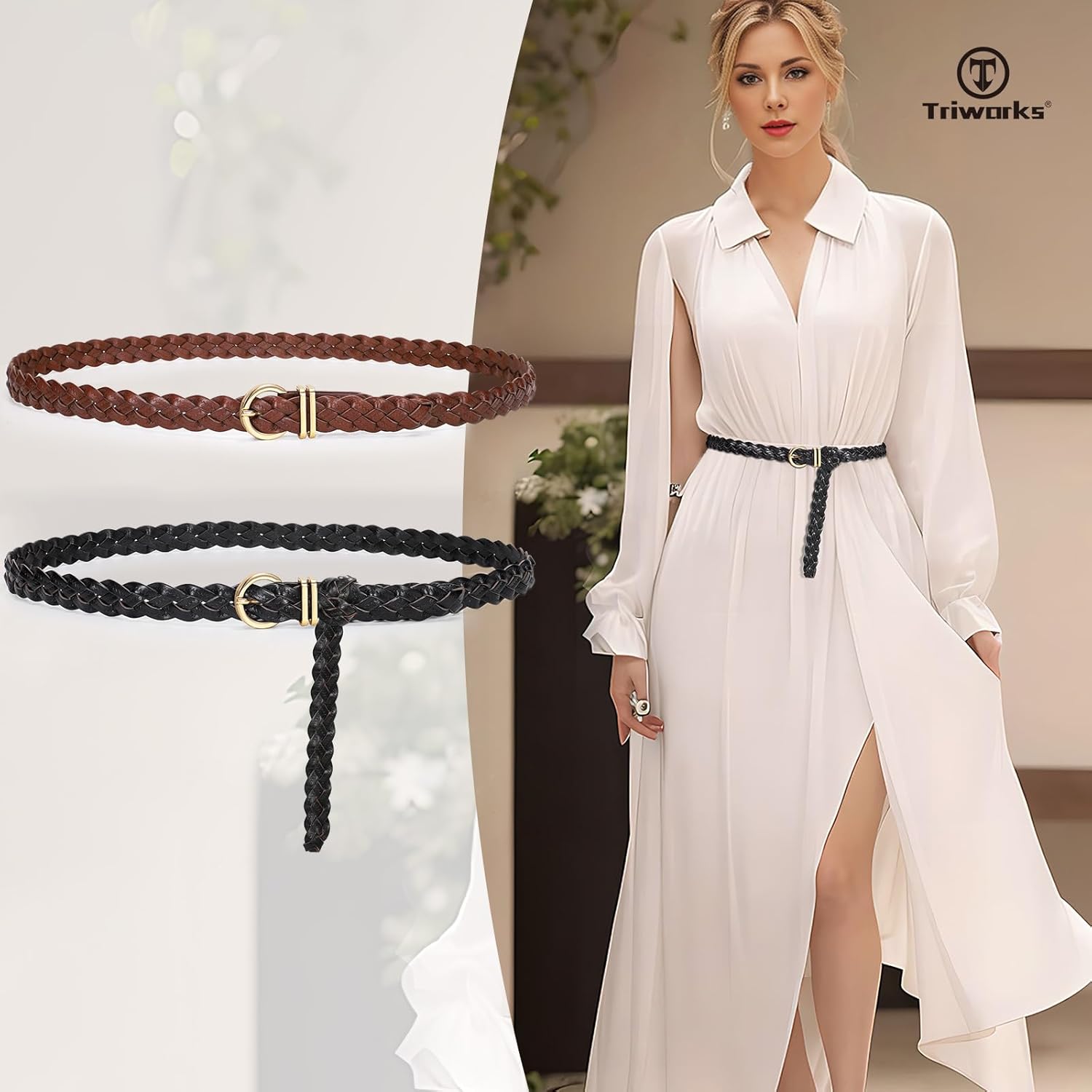 2 Pack Women's Skinny Braided Leather Belts Thin Woven Waist Belts for Jeans Pants Dresses - Image 2