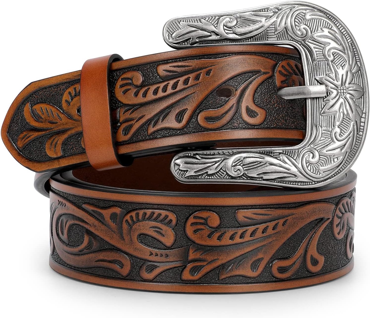 Western Belt for Women Men Cowgirl Cowboy Floral Engraved Tooled Leather Belt with Buckle for Jeans Pants Rodeo - Image 1