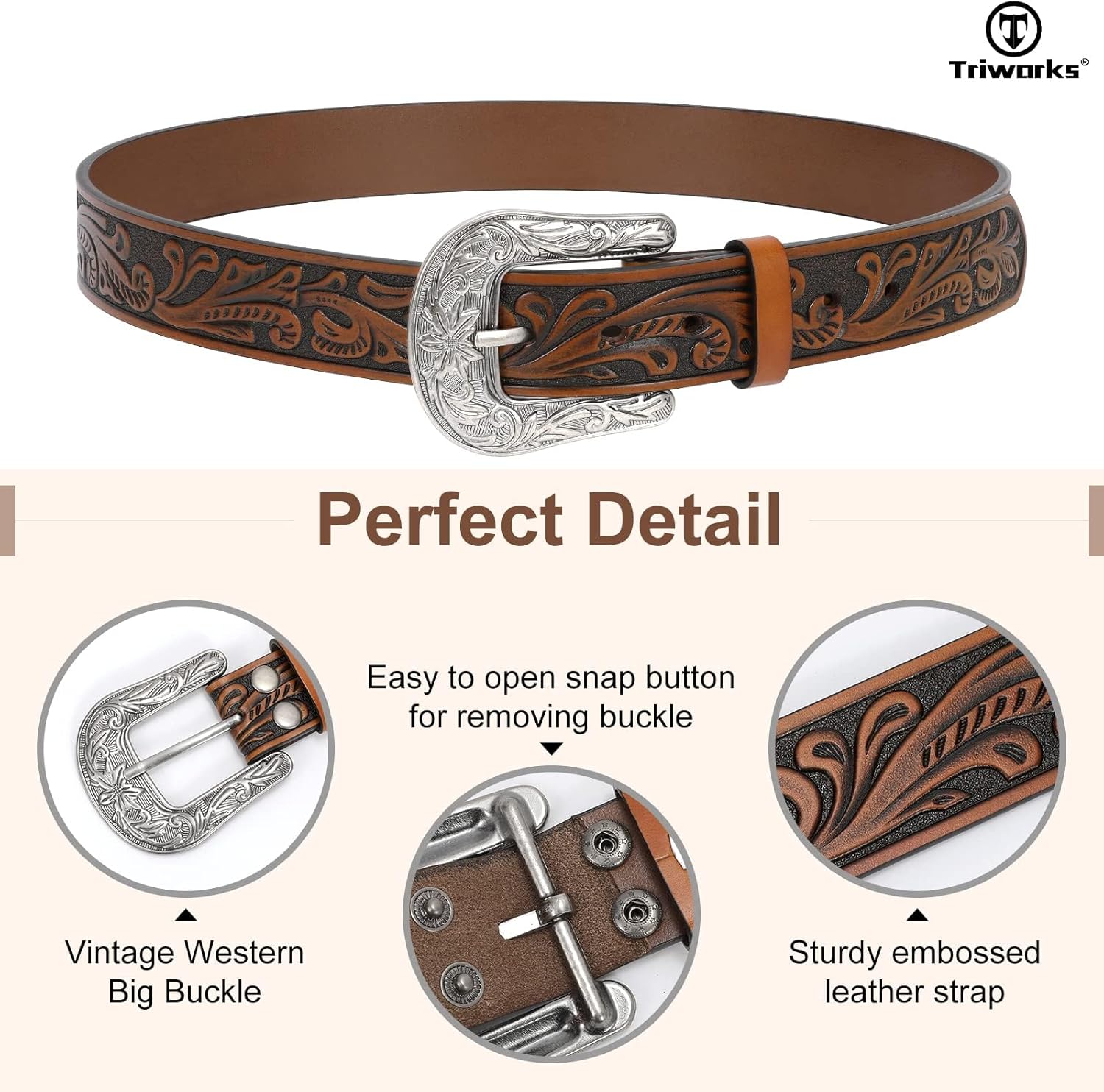 Western Belt for Women Men Cowgirl Cowboy Floral Engraved Tooled Leather Belt with Buckle for Jeans Pants Rodeo - Image 2