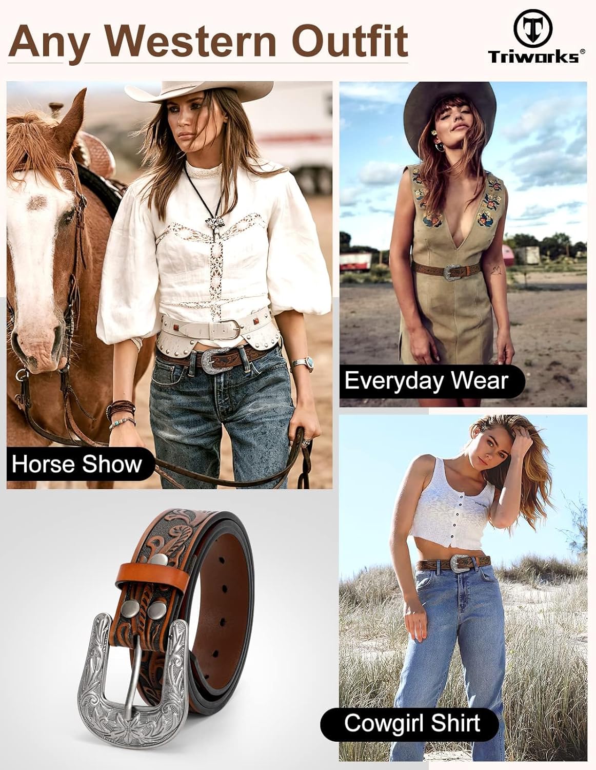 Western Belt for Women Men Cowgirl Cowboy Floral Engraved Tooled Leather Belt with Buckle for Jeans Pants Rodeo - Image 7