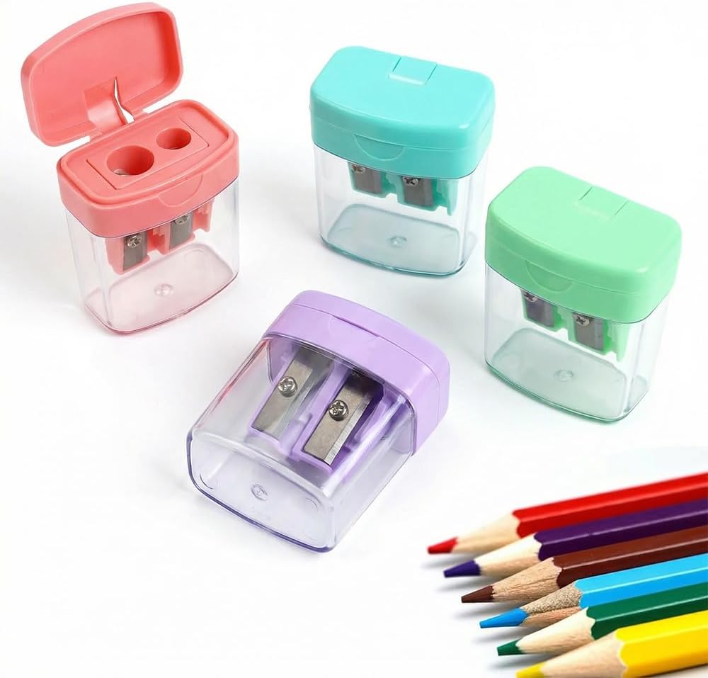 4 Pcs Pencil Sharpeners with Lid, Dual Holes Handheld Pencil Sharpener, Compatible with Standard and Jumbo Pencils, Compact Cute Sharpener for School, Home and Office (Set) - Image 1