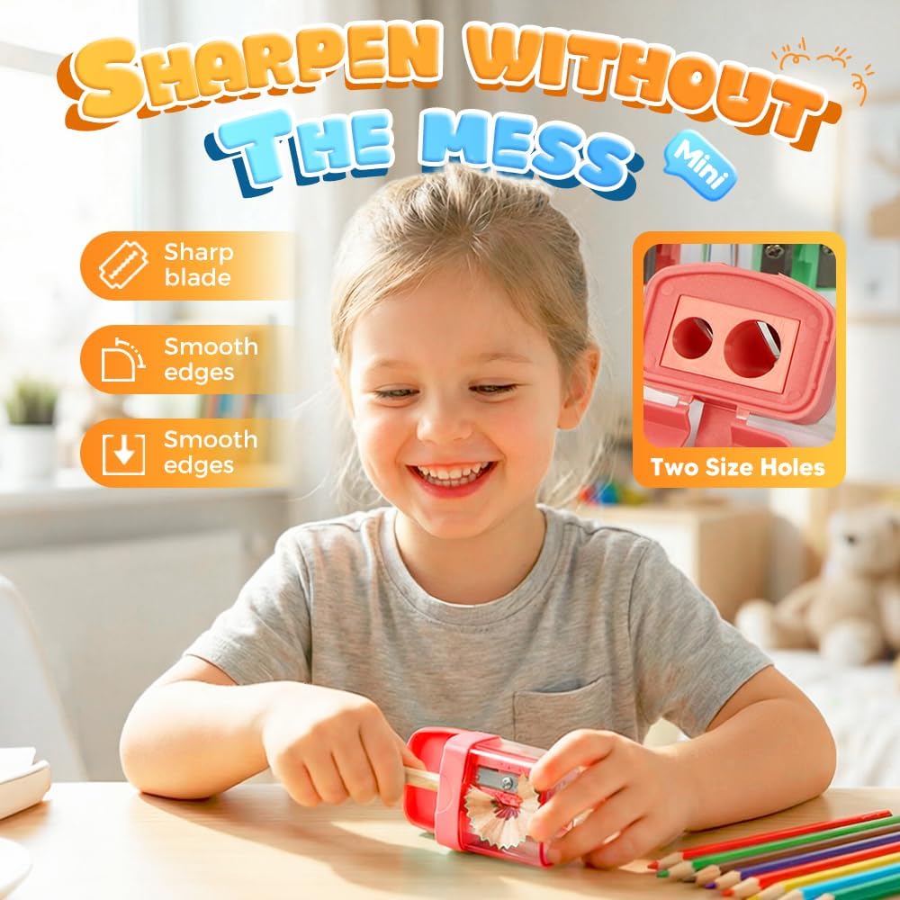 4 Pcs Pencil Sharpeners with Lid, Dual Holes Handheld Pencil Sharpener, Compatible with Standard and Jumbo Pencils, Compact Cute Sharpener for School, Home and Office (Set) - Image 2