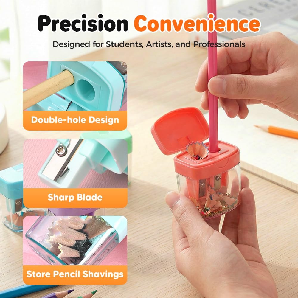 4 Pcs Pencil Sharpeners with Lid, Dual Holes Handheld Pencil Sharpener, Compatible with Standard and Jumbo Pencils, Compact Cute Sharpener for School, Home and Office (Set) - Image 3