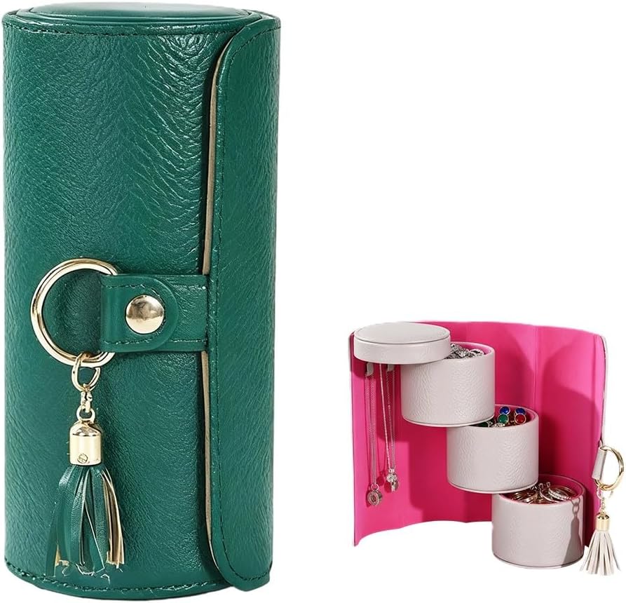 Travel Jewelry Case, 3-Layer Rotating Jewelry Organizer with Secure Snaps, Portable PU Leather Jewelry Storage Box for Necklaces Earrings Rings, Gift-Ready Design for Daily e & Travel (Dark Green) - Image 1