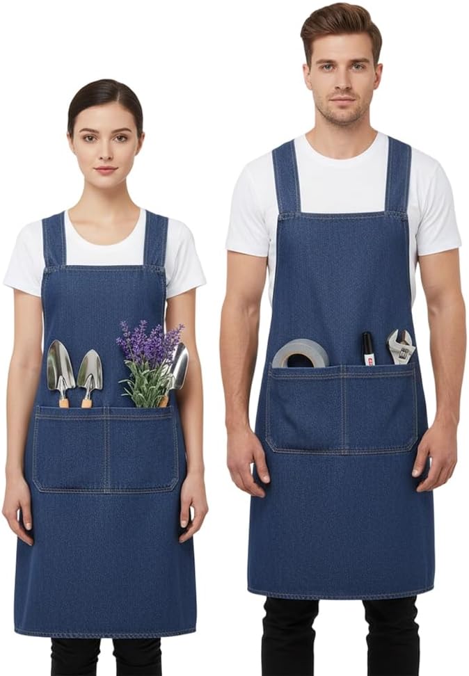 Lightweight Cotton Denim Apron with Front Pocket, Adjtable Bib Apron for Men Women Chef Apron, Kitchen Apron - Image 1
