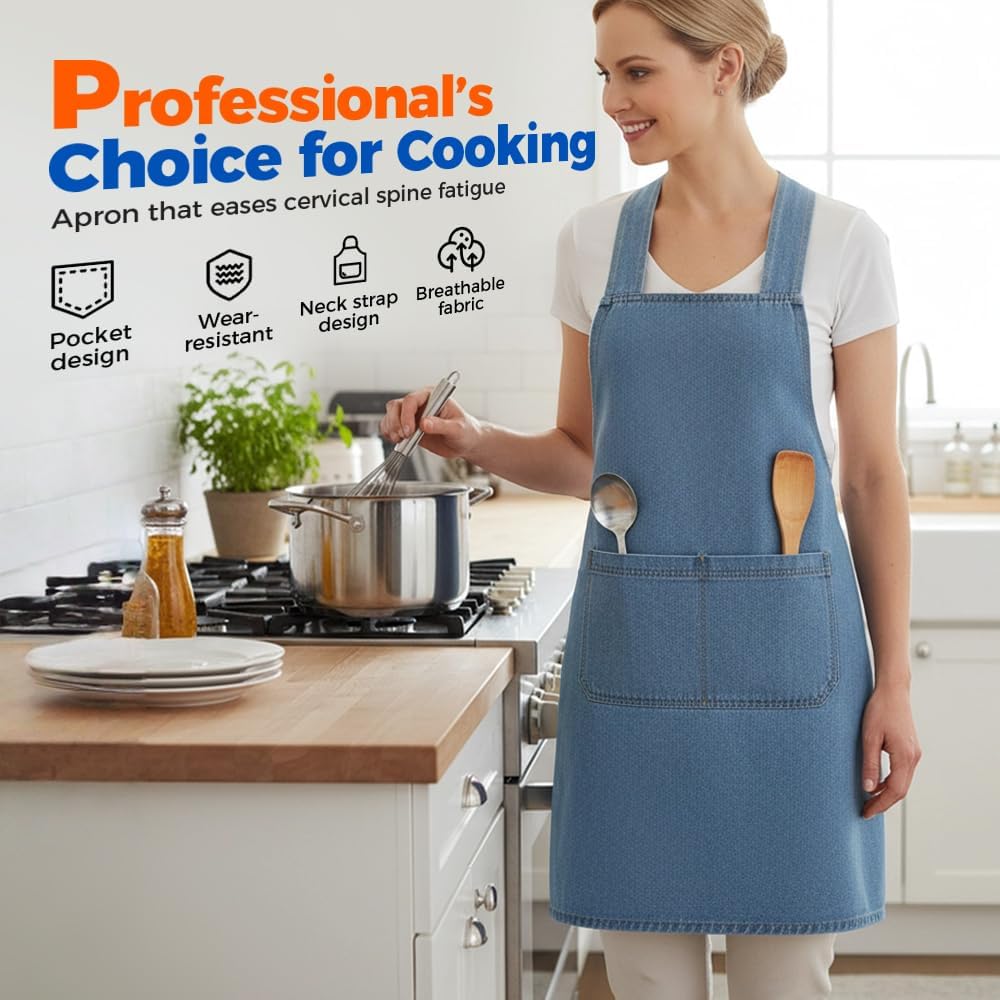 Lightweight Cotton Denim Apron with Front Pocket, Adjtable Bib Apron for Men Women Chef Apron, Kitchen Apron - Image 3