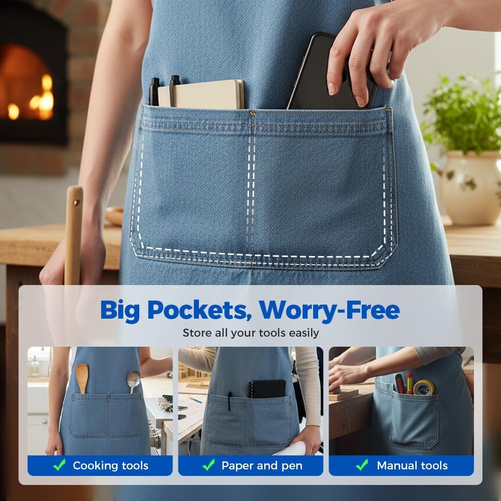Lightweight Cotton Denim Apron with Front Pocket, Adjtable Bib Apron for Men Women Chef Apron, Kitchen Apron - Image 4