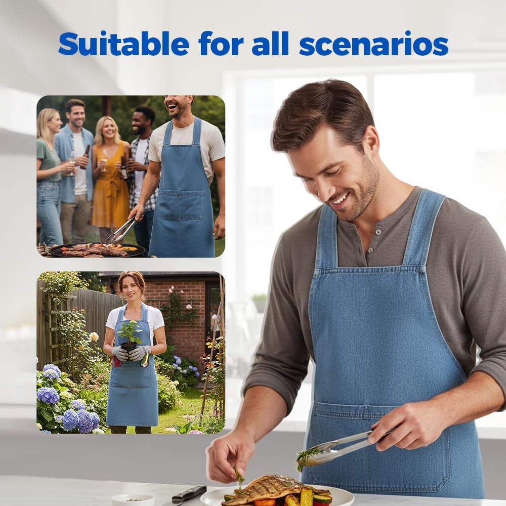 Lightweight Cotton Denim Apron with Front Pocket, Adjtable Bib Apron for Men Women Chef Apron, Kitchen Apron - Image 8