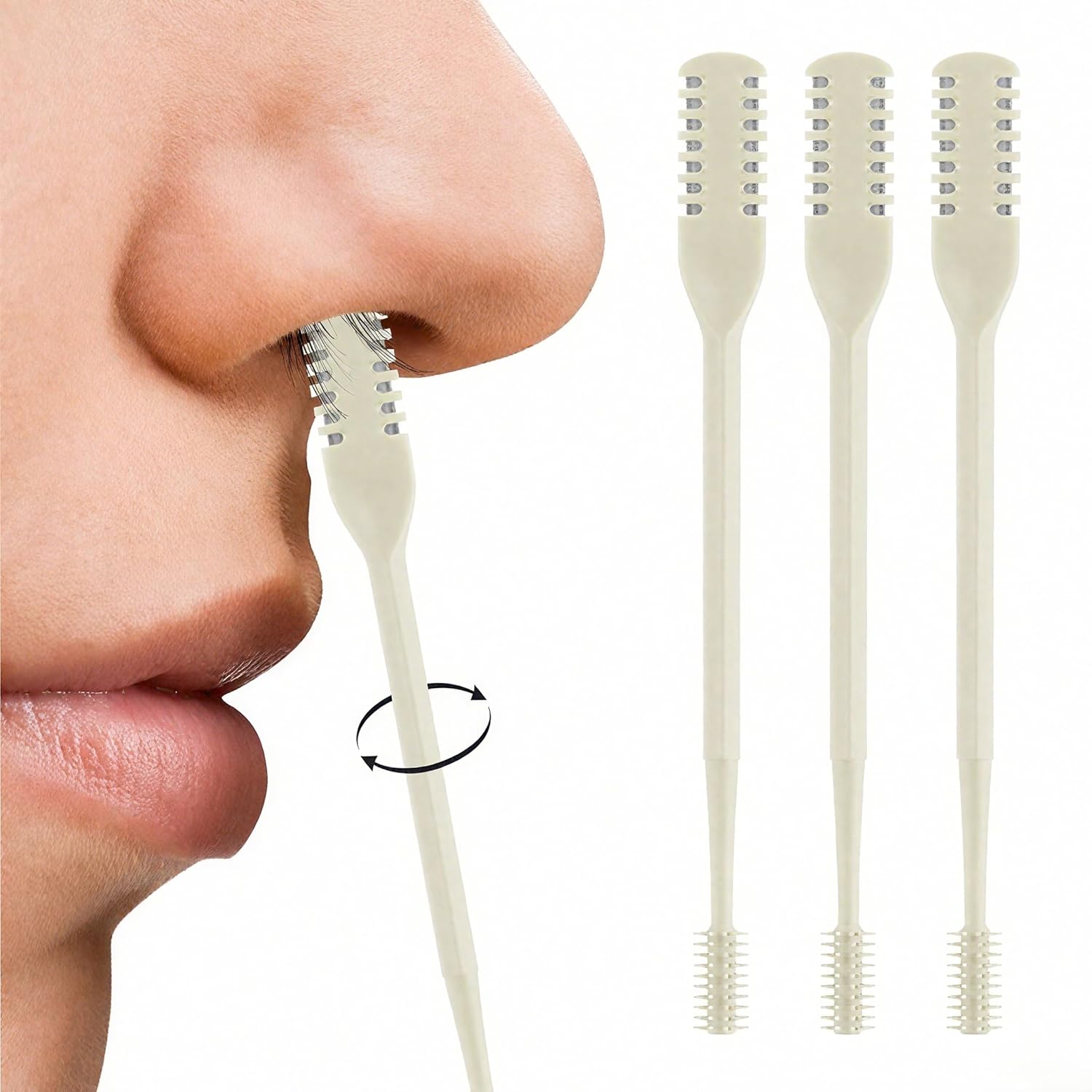 Nasal Hair Cutter, 2025 Double-Sided Nose Hairs Removal, Manual 360° Rotating Nostril Hair Removal Tool, Manual Nose Hairs Cutter, Nasal Hair Trimmer with Ear Picker for Women Men (Beige, 3PCS) - Image 1