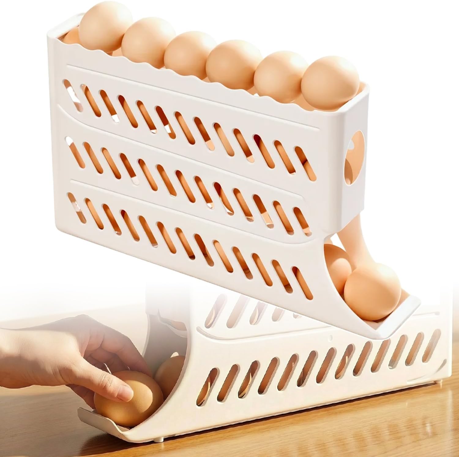 2026 Egg Holder for Fridge, Upgraded 4 Tiers Automatic Rolling Egg Dispenser, No Assembly Required Easy Access, Save Space for Refrigerator Holds up to 30 pcs (White) - Image 1
