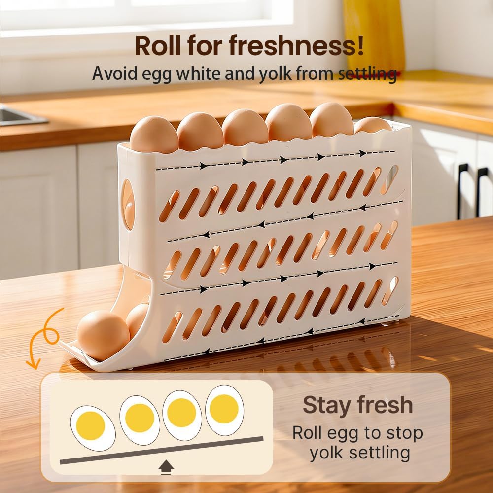 2026 Egg Holder for Fridge, Upgraded 4 Tiers Automatic Rolling Egg Dispenser, No Assembly Required Easy Access, Save Space for Refrigerator Holds up to 30 pcs (White) - Image 4