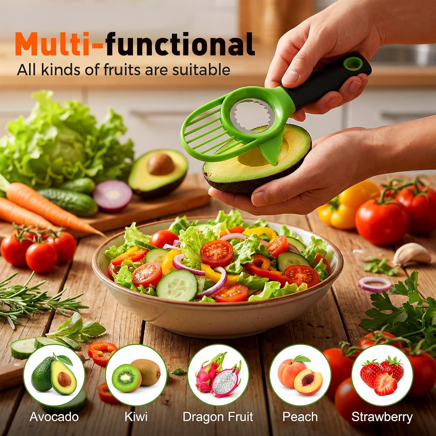 3-in-1 Avocado Slicer Tool, Multi-Function Splitter Pitter Cutter, Silicone Comfort-Grip Handle Avocado Peeler for Kitchen (1PC) - Image 3