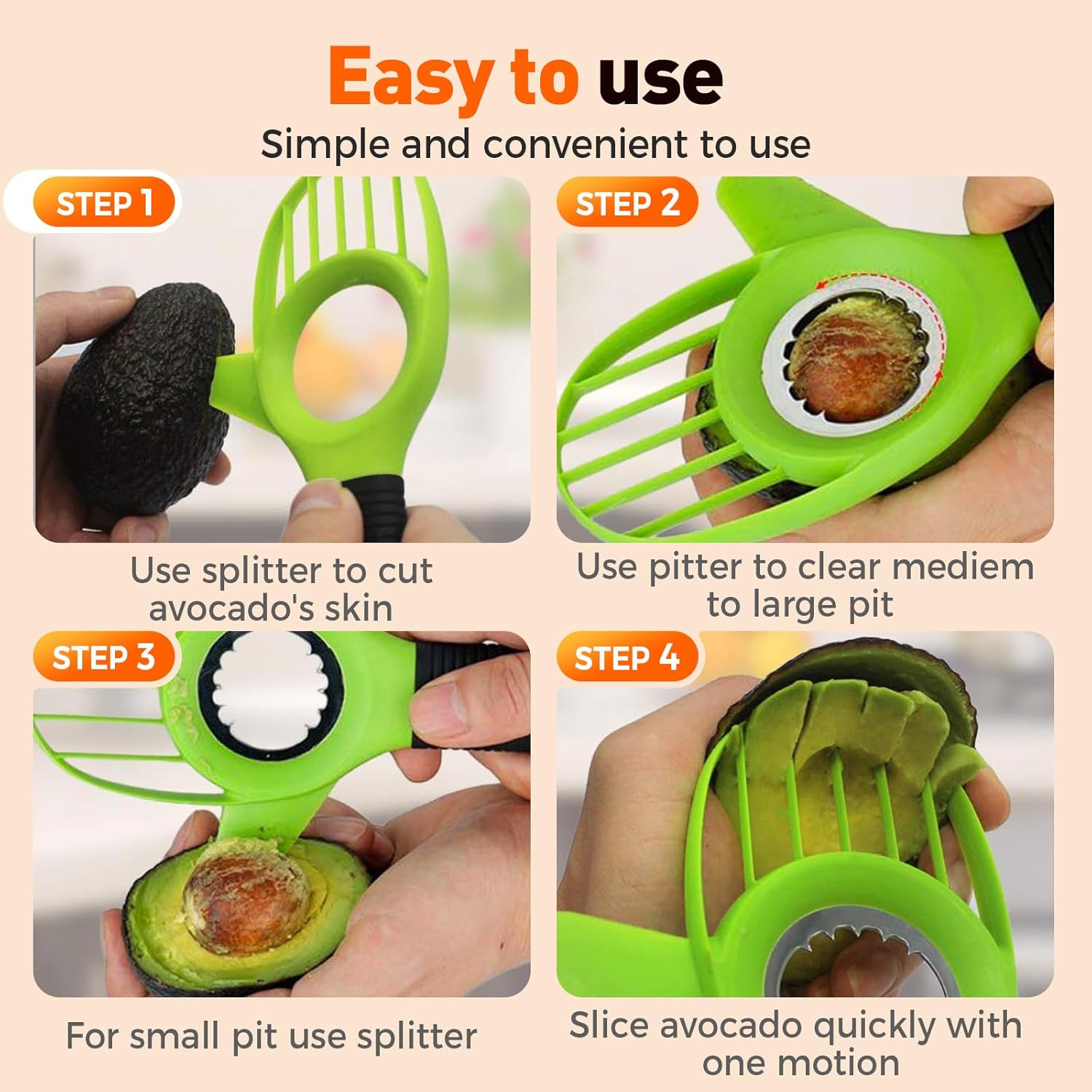3-in-1 Avocado Slicer Tool, Multi-Function Splitter Pitter Cutter, Silicone Comfort-Grip Handle Avocado Peeler for Kitchen (1PC) - Image 5