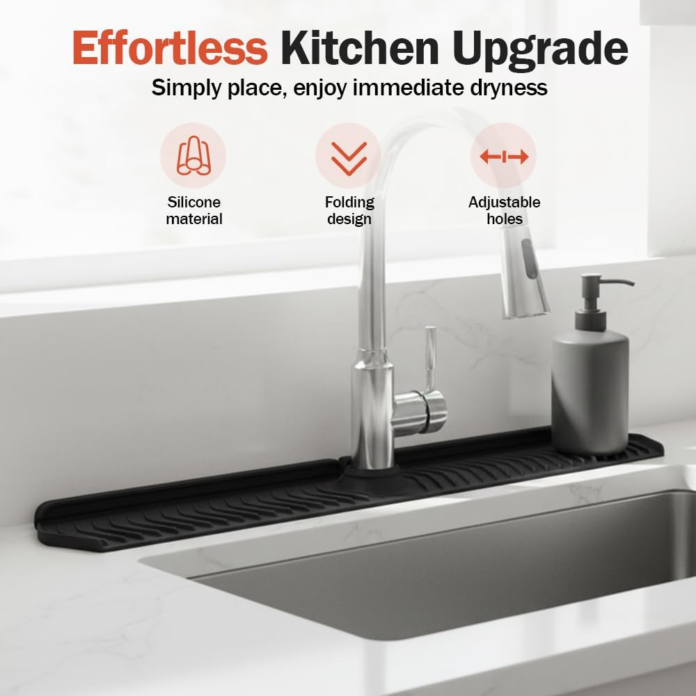 Kitchen Sink Faucet Mat, 30in Extra Long Foldable Silicone Faucet Guard & Splash Guard, 2026 Multi-Functional Draining Mat to Keep Countertops Dry, Protect Backsplash from Splash (Grey) - Image 3