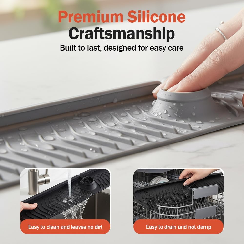 Kitchen Sink Faucet Mat, 30in Extra Long Foldable Silicone Faucet Guard & Splash Guard, 2026 Multi-Functional Draining Mat to Keep Countertops Dry, Protect Backsplash from Splash (Grey) - Image 6