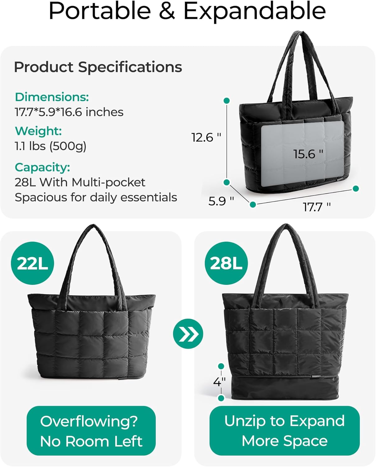 Expandable Tote Bag for Women, Puffer Work Tote Handbag, Quilted Carry On Bag for Travel Gym - Image 3