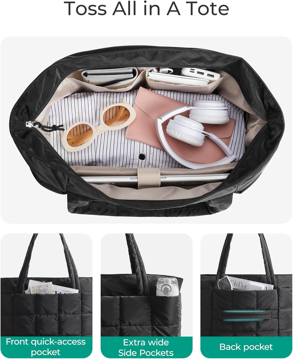 Expandable Tote Bag for Women, Puffer Work Tote Handbag, Quilted Carry On Bag for Travel Gym - Image 4