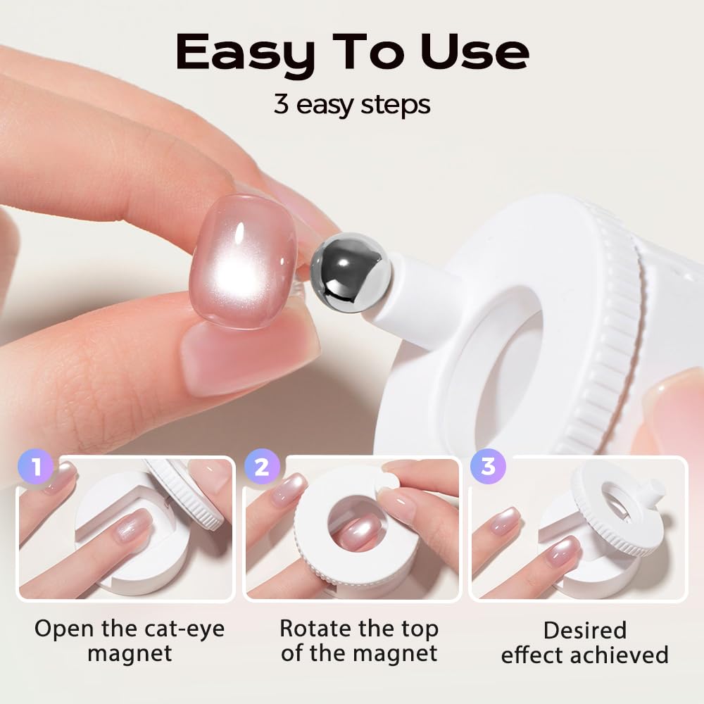 2026 New Rotating Cat Eye Magnet, Beginner-Friendly Nail Tool with Magnetic Force, Easy DIY Glossy Cat Eye Effect (Pink - Steel Ball) - Image 4
